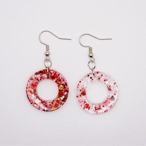 Red and White Glitter .5”  Resin Earrings with silver Hardware